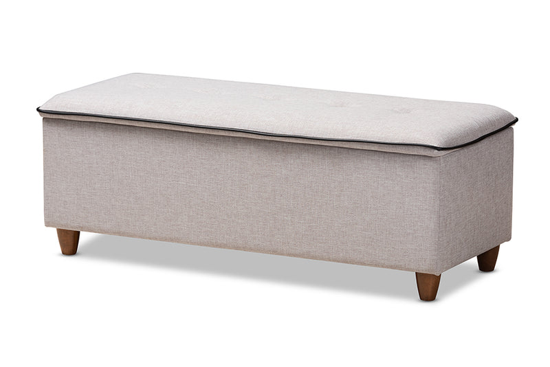 Baxton Studio Marlisa Mid-Century Modern Walnut Finished Wood and Greyish Beige Fabric Upholstered Button Tufted Storage Ottoman Bench