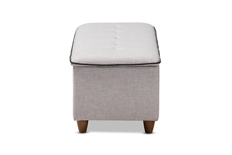 Baxton Studio Marlisa Mid-Century Modern Walnut Finished Wood and Greyish Beige Fabric Upholstered Button Tufted Storage Ottoman Bench