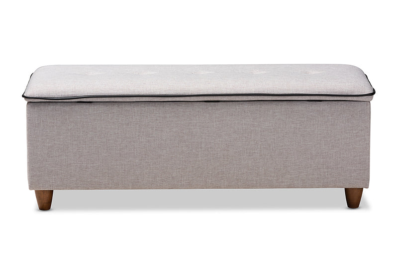 Baxton Studio Marlisa Mid-Century Modern Walnut Finished Wood and Greyish Beige Fabric Upholstered Button Tufted Storage Ottoman Bench