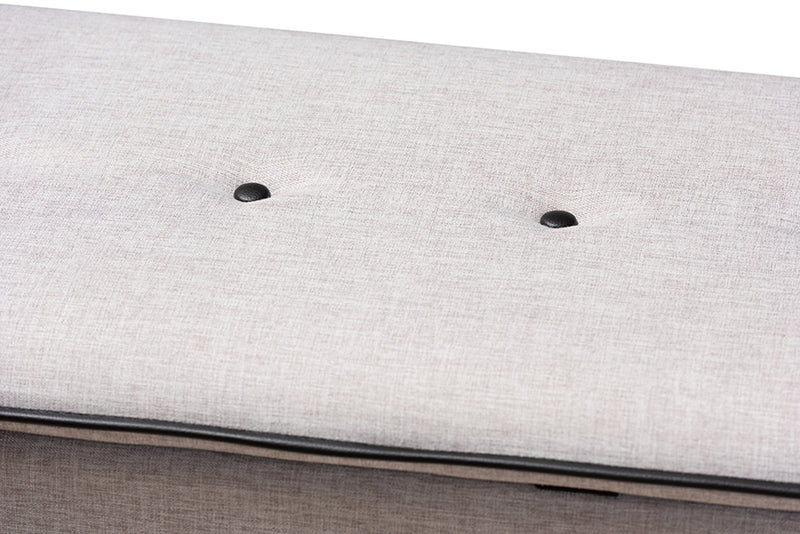 Baxton Studio Marlisa Mid-Century Modern Walnut Finished Wood and Greyish Beige Fabric Upholstered Button Tufted Storage Ottoman Bench