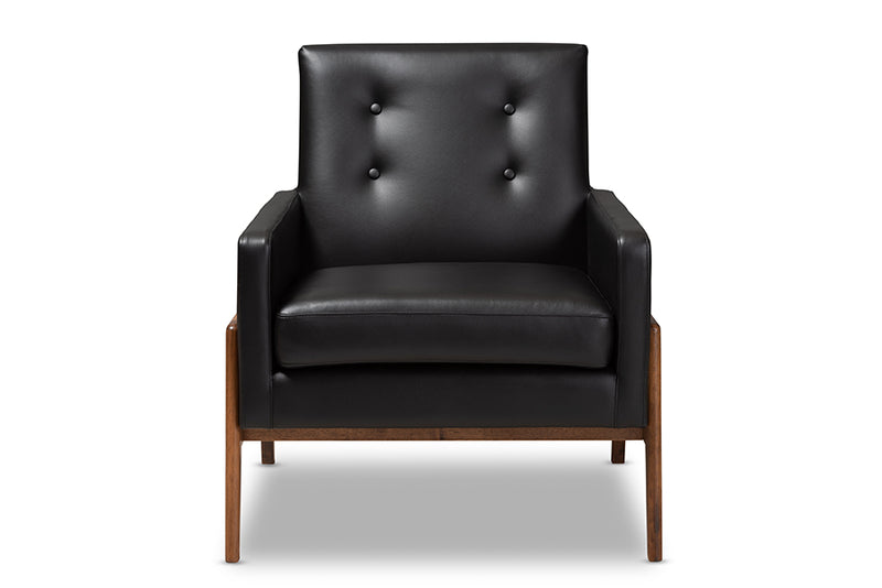Baxton Studio Perris Mid-Century Modern Black Faux Leather Upholstered Walnut Wood Lounge Chair