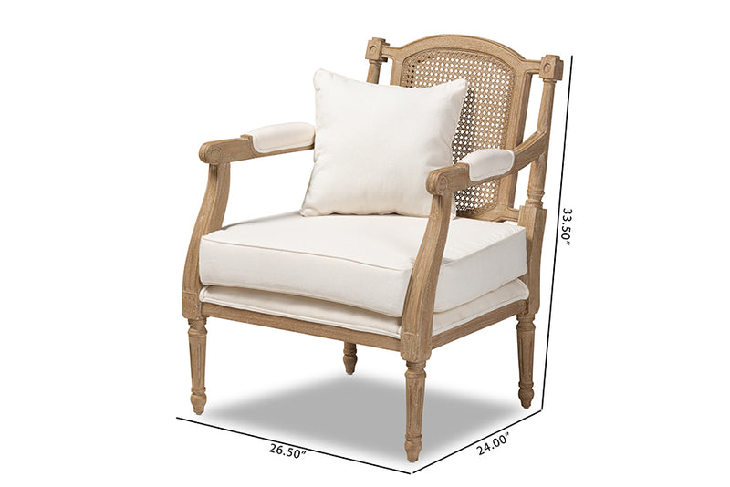 Baxton Studio Clemence French Provincial Ivory Fabric Upholstered Whitewashed Wood Armchair