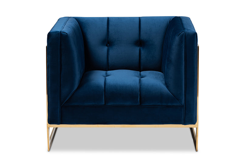 Baxton Studio Ambra Glam and Luxe Royal Blue Velvet Fabric Upholstered and Button Tufted Armchair with Gold-Tone Frame
