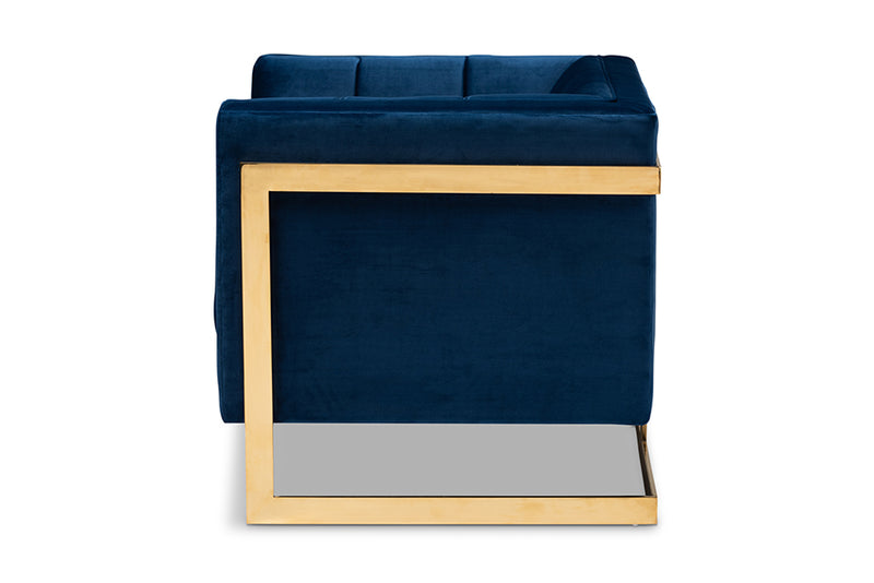 Baxton Studio Ambra Glam and Luxe Royal Blue Velvet Fabric Upholstered and Button Tufted Armchair with Gold-Tone Frame