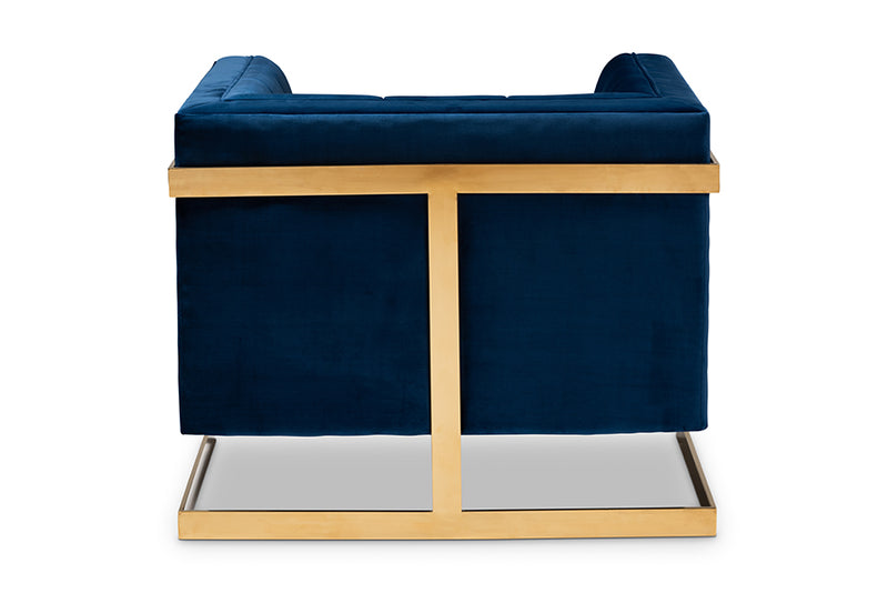 Baxton Studio Ambra Glam and Luxe Royal Blue Velvet Fabric Upholstered and Button Tufted Armchair with Gold-Tone Frame