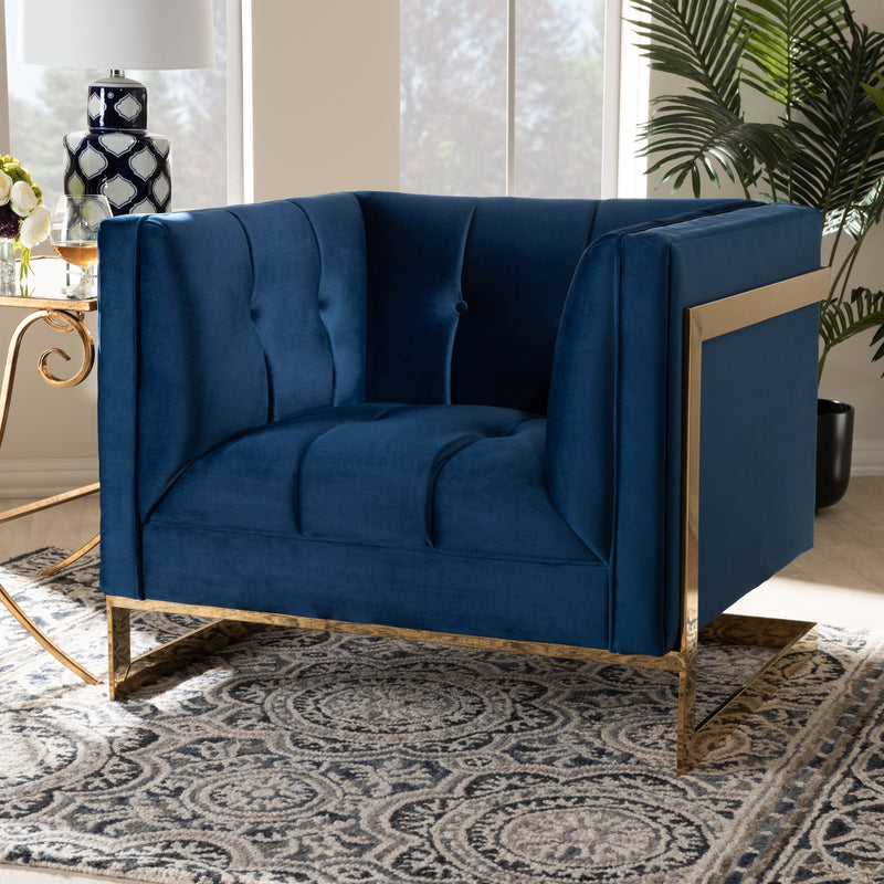 Baxton Studio Ambra Glam and Luxe Royal Blue Velvet Fabric Upholstered and Button Tufted Armchair with Gold-Tone Frame