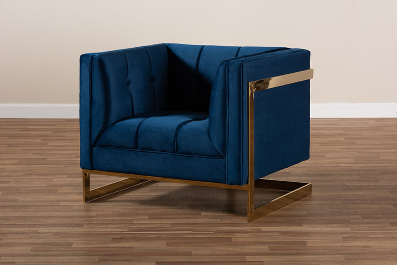 Baxton Studio Ambra Glam and Luxe Royal Blue Velvet Fabric Upholstered and Button Tufted Armchair with Gold-Tone Frame
