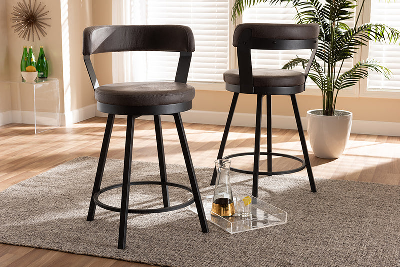 Baxton Studio Arcene Rustic and Industrial Grey Fabric Upholstered Counter Stool Set of 2