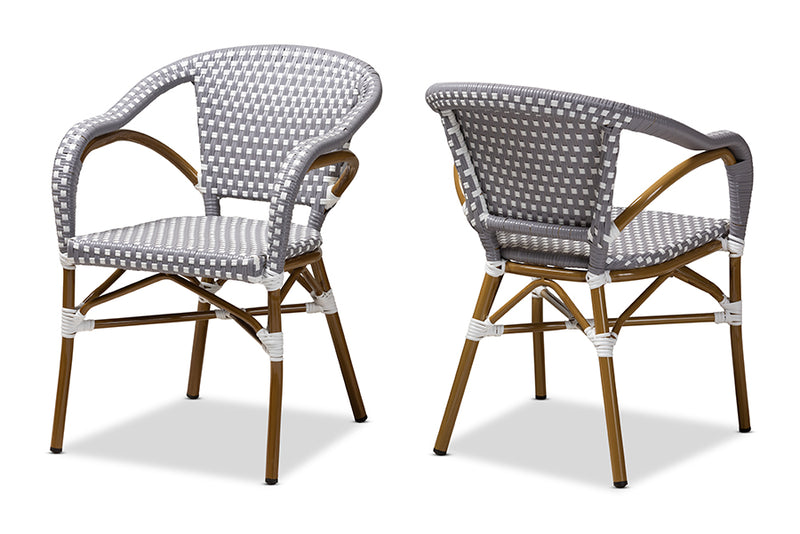 Baxton Studio Eliane Classic French Indoor and Outdoor Grey and White Bamboo Style Stackable Bistro Dining Chair Set of 2
