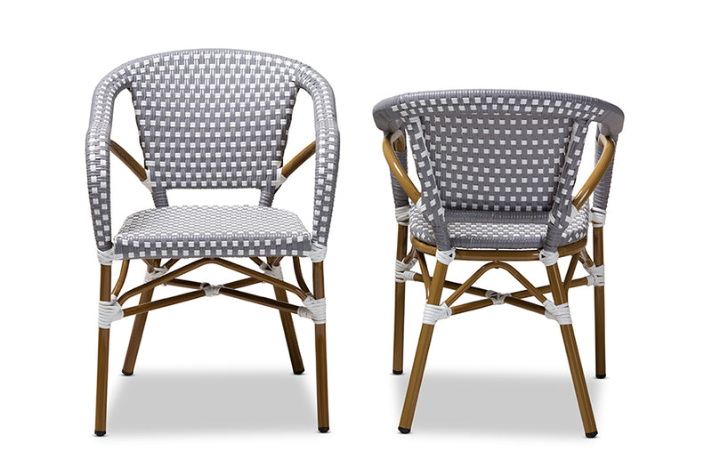 Baxton Studio Eliane Classic French Indoor and Outdoor Grey and White Bamboo Style Stackable Bistro Dining Chair Set of 2