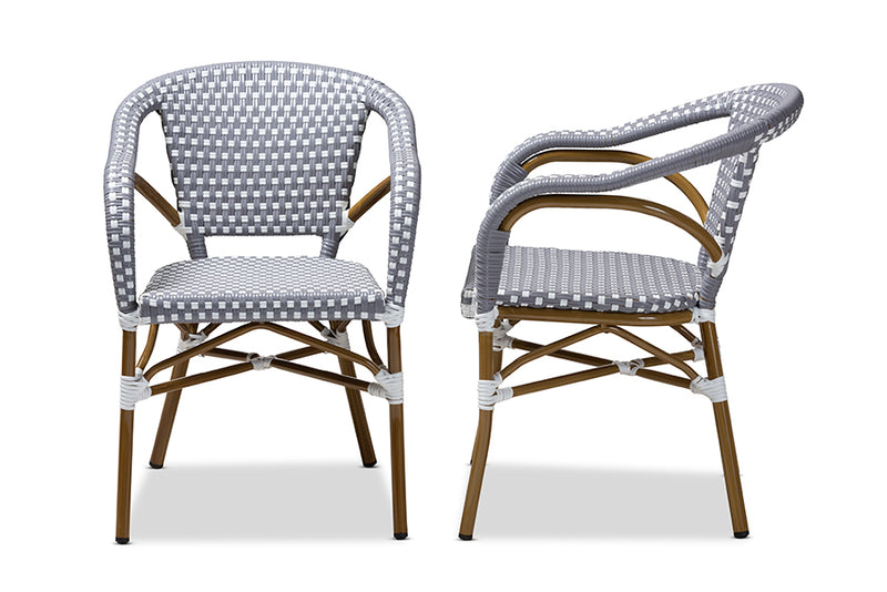 Baxton Studio Eliane Classic French Indoor and Outdoor Grey and White Bamboo Style Stackable Bistro Dining Chair Set of 2