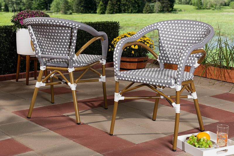 Baxton Studio Eliane Classic French Indoor and Outdoor Grey and White Bamboo Style Stackable Bistro Dining Chair Set of 2