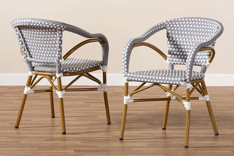 Baxton Studio Eliane Classic French Indoor and Outdoor Grey and White Bamboo Style Stackable Bistro Dining Chair Set of 2