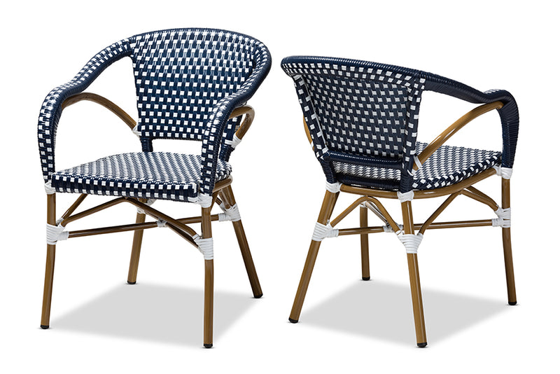 Baxton Studio Eliane Classic French Indoor and Outdoor Navy and White Bamboo Style Stackable Bistro Dining Chair Set of 2