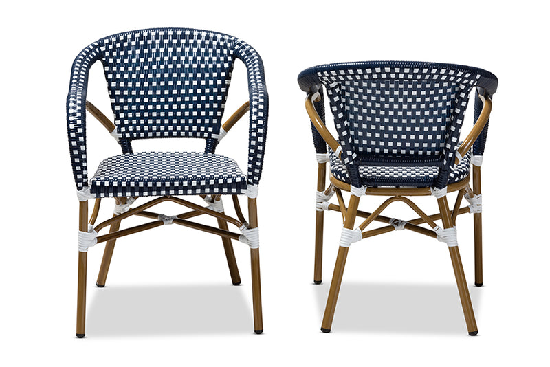 Baxton Studio Eliane Classic French Indoor and Outdoor Navy and White Bamboo Style Stackable Bistro Dining Chair Set of 2