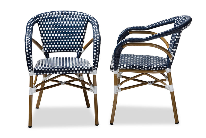 Baxton Studio Eliane Classic French Indoor and Outdoor Navy and White Bamboo Style Stackable Bistro Dining Chair Set of 2