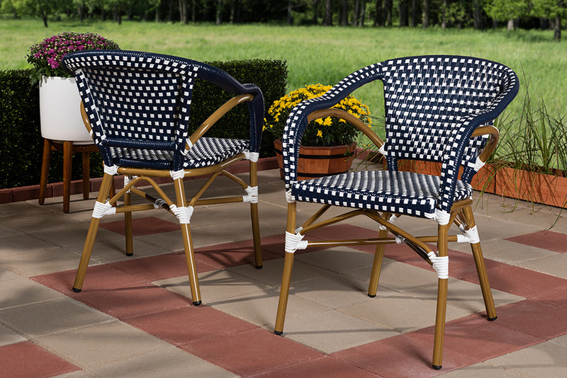 Baxton Studio Eliane Classic French Indoor and Outdoor Navy and White Bamboo Style Stackable Bistro Dining Chair Set of 2