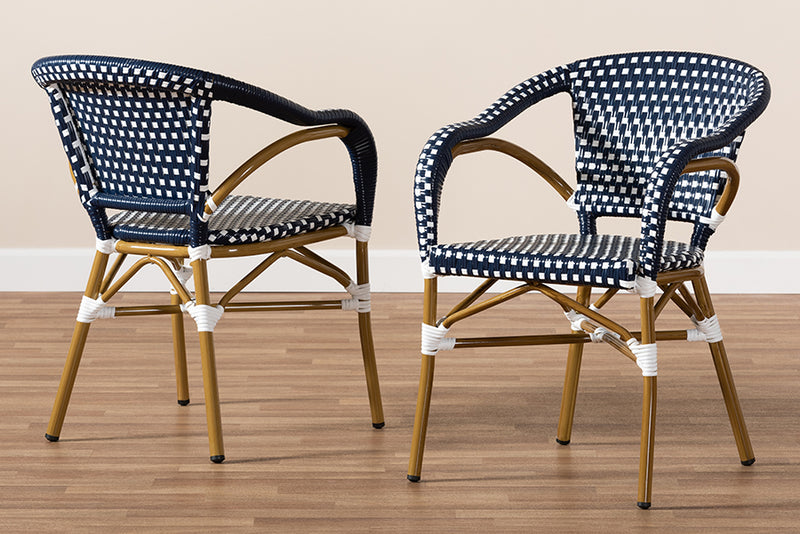 Baxton Studio Eliane Classic French Indoor and Outdoor Navy and White Bamboo Style Stackable Bistro Dining Chair Set of 2