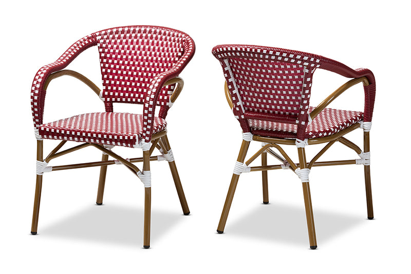 Baxton Studio Eliane Classic French Indoor and Outdoor Red and White Bamboo Style Stackable Bistro Dining Chair Set of 2