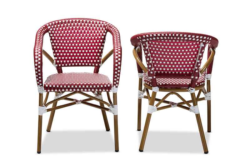 Baxton Studio Eliane Classic French Indoor and Outdoor Red and White Bamboo Style Stackable Bistro Dining Chair Set of 2