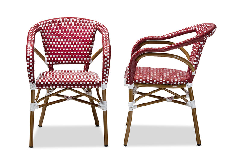 Baxton Studio Eliane Classic French Indoor and Outdoor Red and White Bamboo Style Stackable Bistro Dining Chair Set of 2