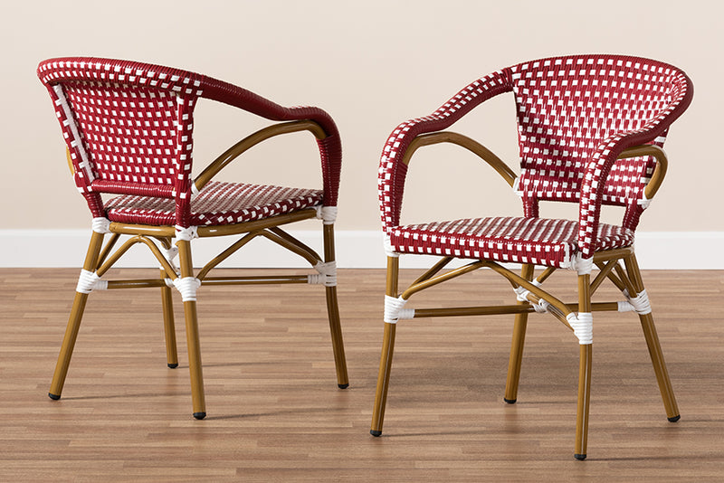 Baxton Studio Eliane Classic French Indoor and Outdoor Red and White Bamboo Style Stackable Bistro Dining Chair Set of 2