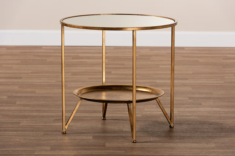 Baxton Studio Tamsin Modern and Contemporary Antique Gold Finished Metal and Mirrored Glass Accent Table with Tray Shelf