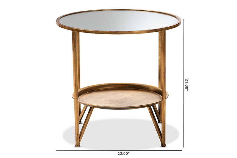 Baxton Studio Tamsin Modern and Contemporary Antique Gold Finished Metal and Mirrored Glass Accent Table with Tray Shelf