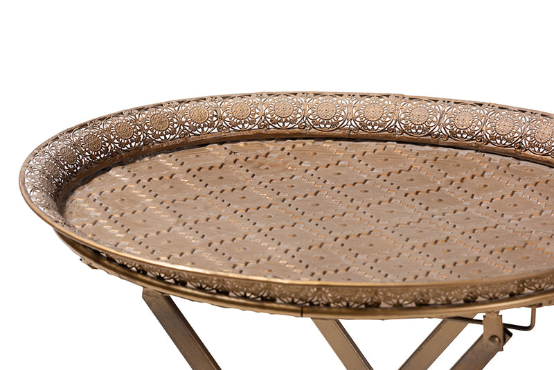 Baxton Studio Sabah Traditional Moroccan Inspired Matte Antique Gold Finished Metal Foldable Accent Tray Table