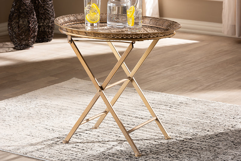 Baxton Studio Sabah Traditional Moroccan Inspired Matte Antique Gold Finished Metal Foldable Accent Tray Table