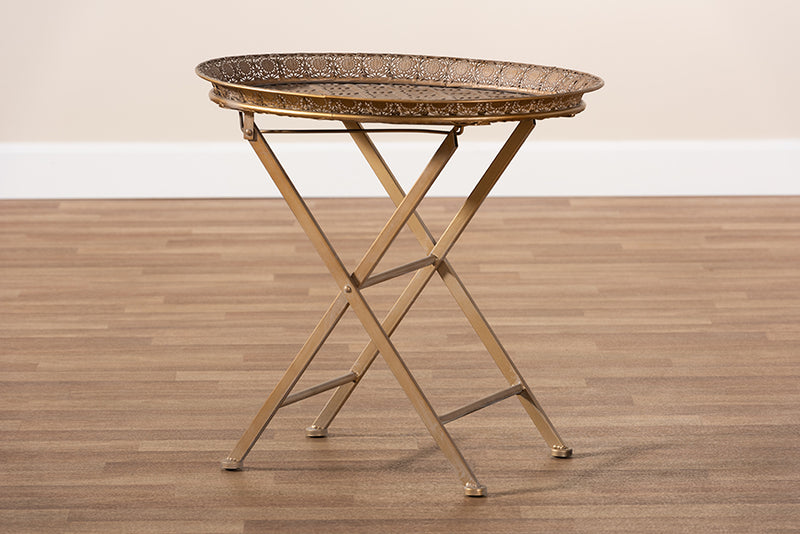 Baxton Studio Sabah Traditional Moroccan Inspired Matte Antique Gold Finished Metal Foldable Accent Tray Table