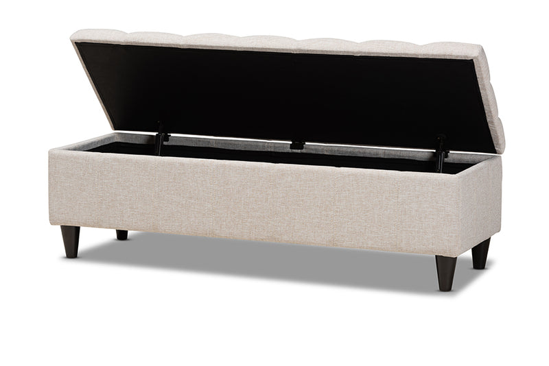 Baxton Studio Brette Mid-Century Modern Light Blue Fabric Upholstered Dark Brown Finished Wood Storage Bench Ottoman