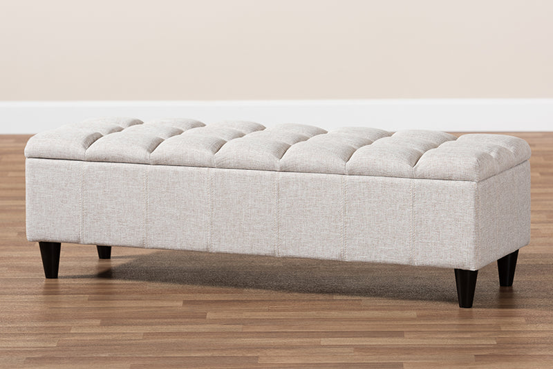 Baxton Studio Brette Mid-Century Modern Light Blue Fabric Upholstered Dark Brown Finished Wood Storage Bench Ottoman