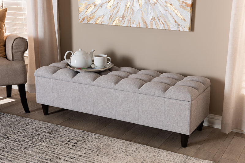 Baxton Studio Brette Mid-Century Modern Grayish Beige Fabric Upholstered Dark Brown Finished Wood Storage Bench Ottoman