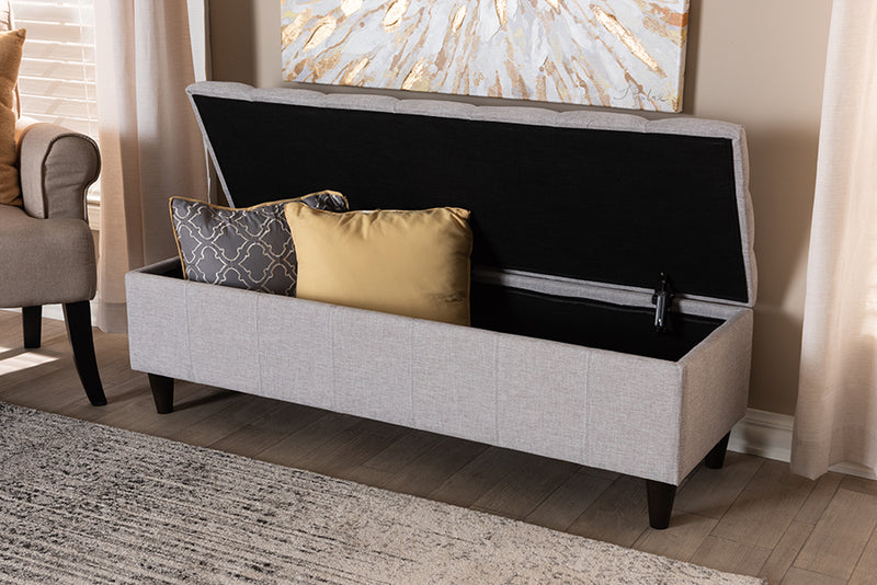 Baxton Studio Brette Mid-Century Modern Grayish Beige Fabric Upholstered Dark Brown Finished Wood Storage Bench Ottoman