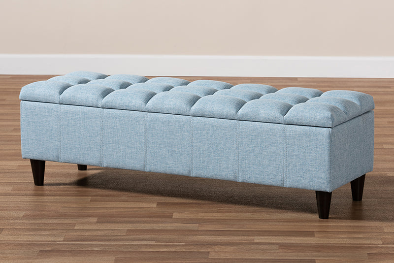 Baxton Studio Brette Mid-Century Modern Light Blue Fabric Upholstered Dark Brown Finished Wood Storage Bench Ottoman