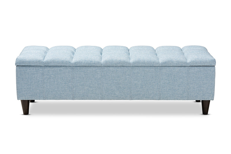 Baxton Studio Brette Mid-Century Modern Light Blue Fabric Upholstered Dark Brown Finished Wood Storage Bench Ottoman