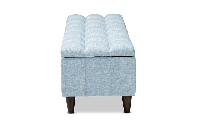 Baxton Studio Brette Mid-Century Modern Light Blue Fabric Upholstered Dark Brown Finished Wood Storage Bench Ottoman