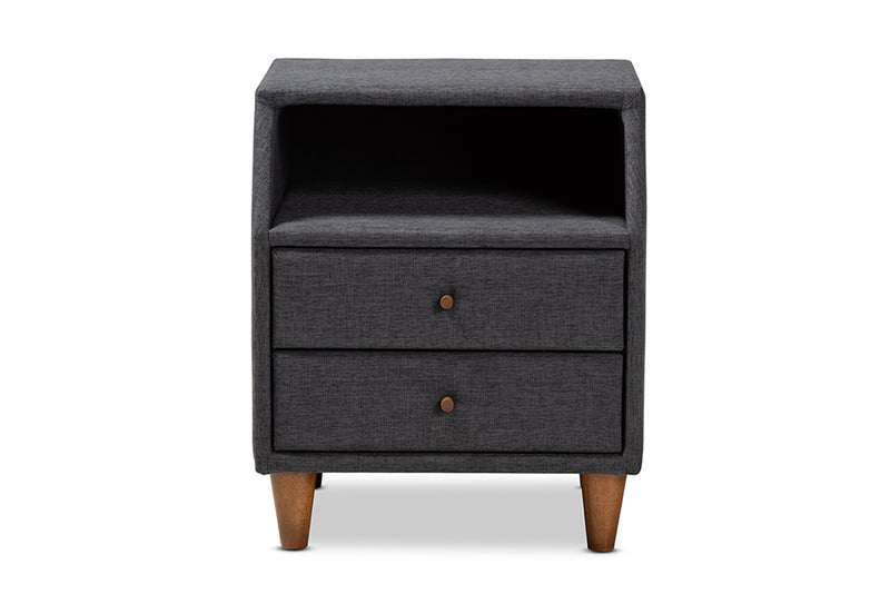 Baxton Studio Claverie Mid-Century Modern Charcoal Fabric Upholstered 2-Drawer Wood Nightstand