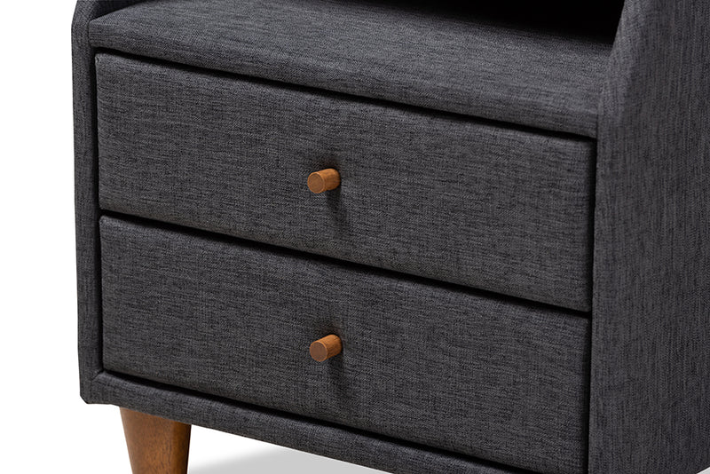 Baxton Studio Claverie Mid-Century Modern Charcoal Fabric Upholstered 2-Drawer Wood Nightstand