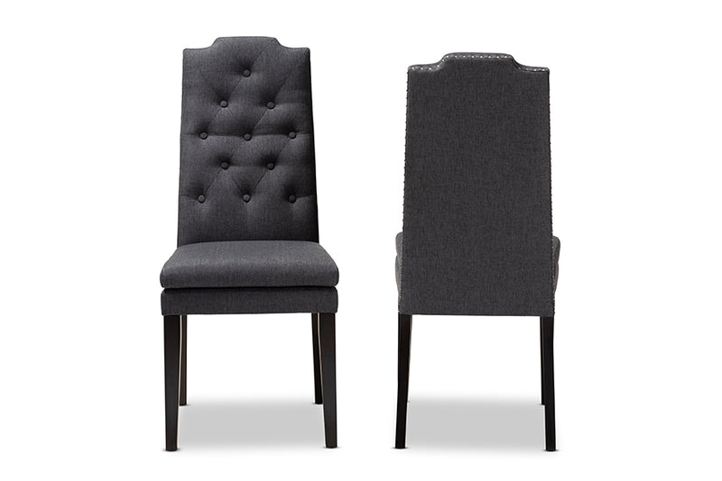 Baxton Studio Dylin Modern and Contemporary Charcoal Fabric Upholstered Button Tufted Wood Dining Chair Set of 2