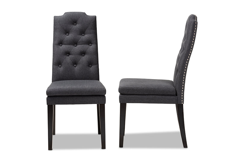 Baxton Studio Dylin Modern and Contemporary Charcoal Fabric Upholstered Button Tufted Wood Dining Chair Set of 2