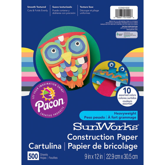 Pacon SunWorks Heavyweight Construction Paper 9-inches by 12-inches 500-count Assorted (CON01500)