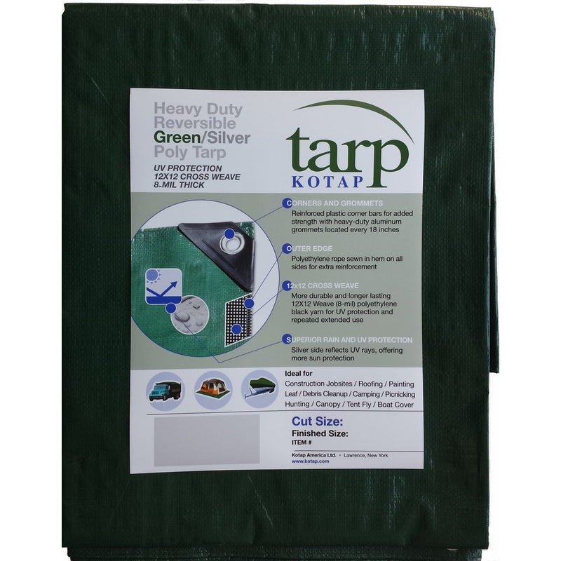Kotap 12-ft x 16-ft Heavy-Duty 12 by 12 Cross Weave 8-mil Reversible Green/Silver Poly Tarp, Item: TGS-1216