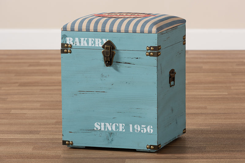 Baxton Studio Caye Vintage Striped Fabric Upholstered Light Blue Finished Wood Storage Trunk Ottoman