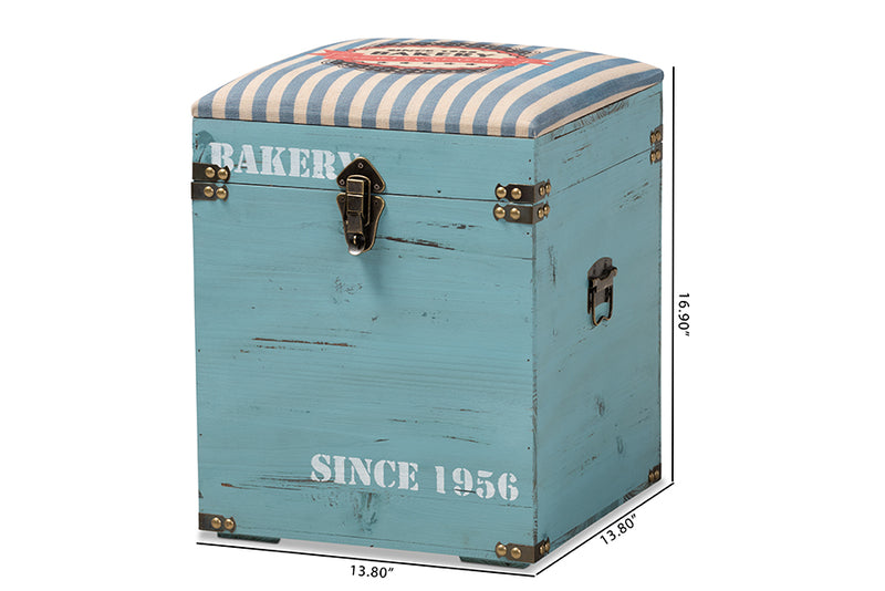 Baxton Studio Caye Vintage Striped Fabric Upholstered Light Blue Finished Wood Storage Trunk Ottoman