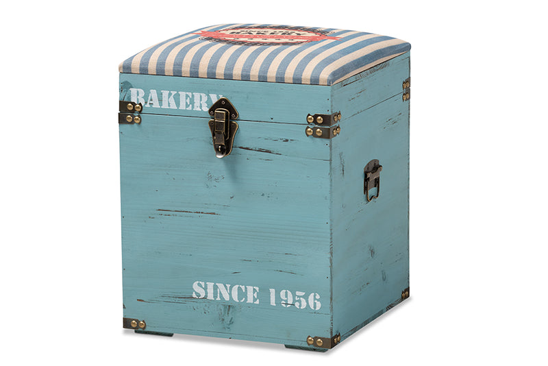 Baxton Studio Caye Vintage Striped Fabric Upholstered Light Blue Finished Wood Storage Trunk Ottoman