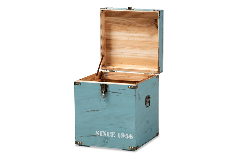 Baxton Studio Caye Vintage Striped Fabric Upholstered Light Blue Finished Wood Storage Trunk Ottoman
