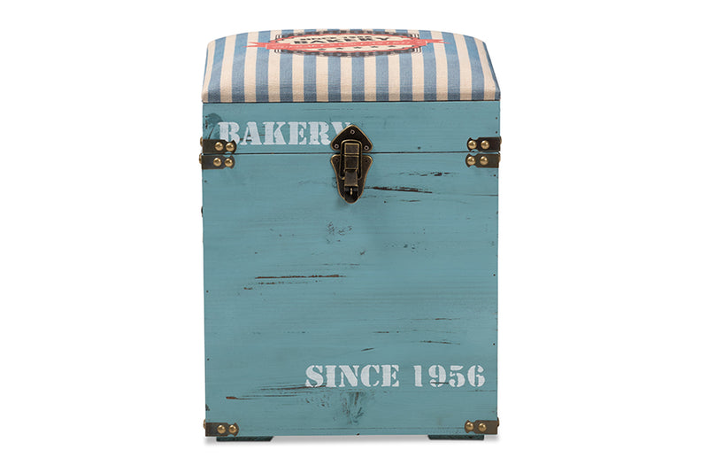 Baxton Studio Caye Vintage Striped Fabric Upholstered Light Blue Finished Wood Storage Trunk Ottoman