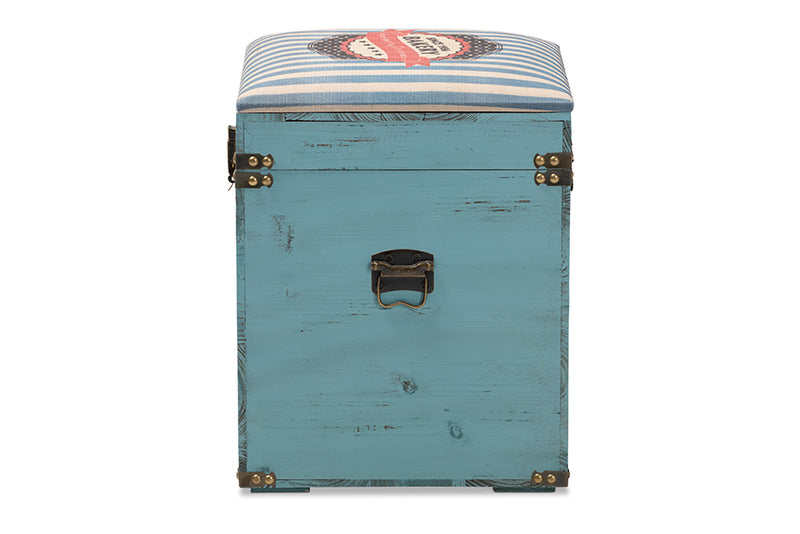 Baxton Studio Caye Vintage Striped Fabric Upholstered Light Blue Finished Wood Storage Trunk Ottoman